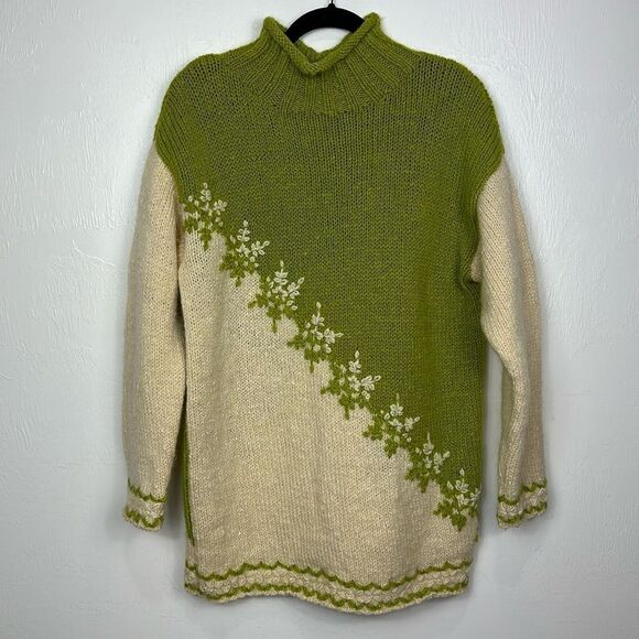 Express Tricot Y2K Vintage 90s Green And Ivory Wool Pullover Sweater Size S - Picture 1 of 7
